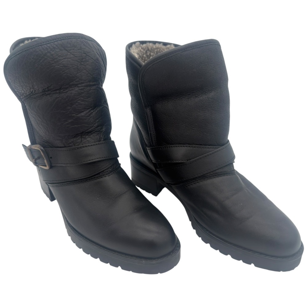 La Canadienne Womens Leather Ankle Boots 7.5 Black Buckle Lined Lug Sole